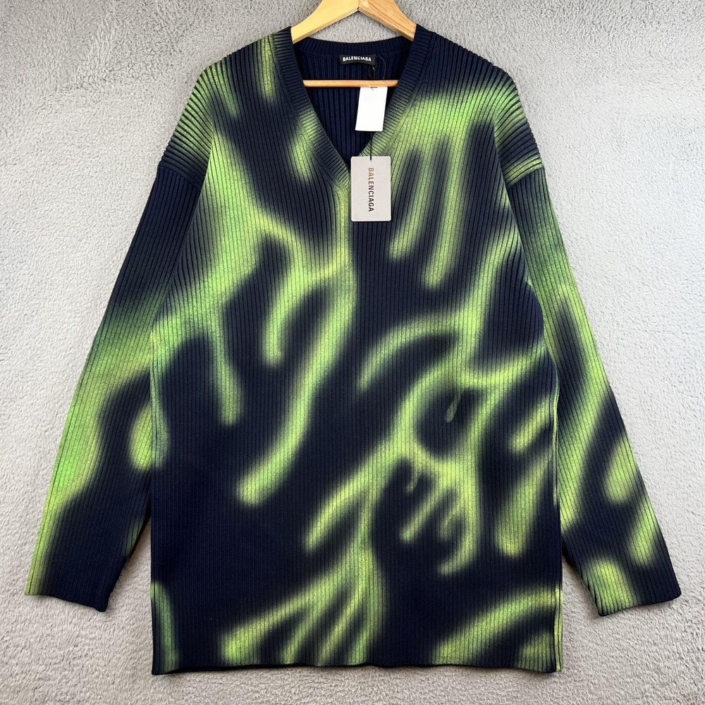 New Balenciaga Sweater Mens Medium Green Navy V Neck Graphic Knit Pullover Italy